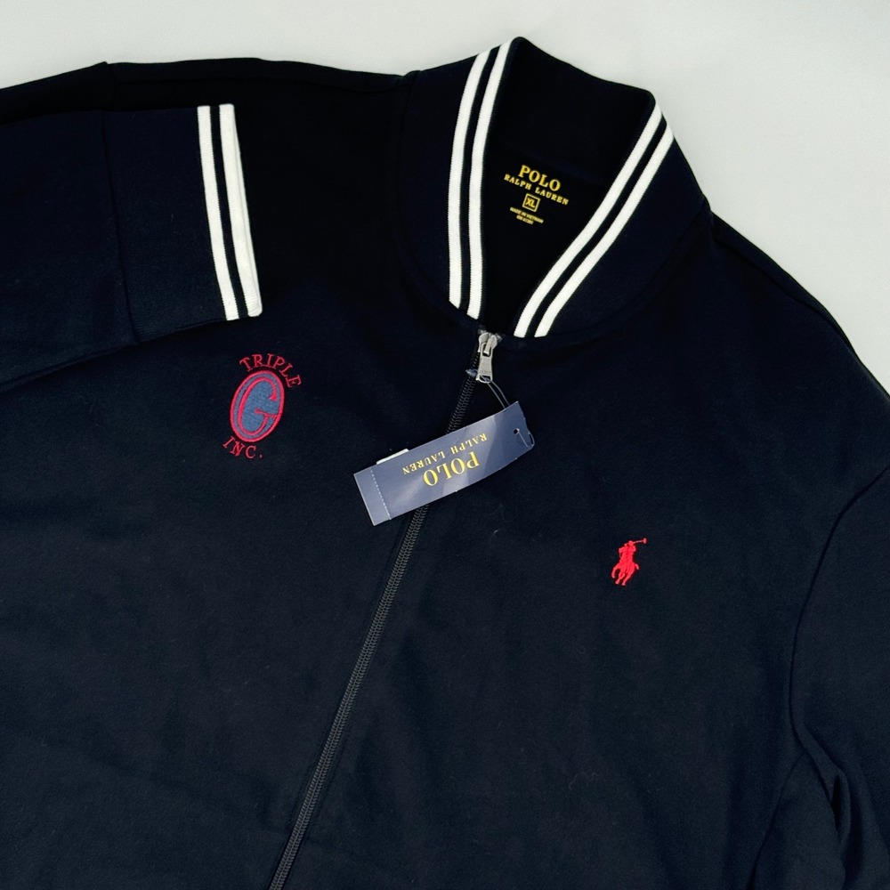 Polo Ralph Lauren Men XL Black Full Zip Track Jacket Triple G Inc Varsity Logo
